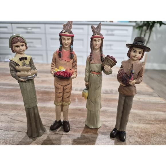 Unbranded Other - 4 Mini Statues of Thanksgiving Pilgrims and Native American Indians Figurines 5"